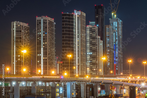 Photography The scyscrapers of the Moscow City at night and the Dorogomilovsky bridge with illumination
