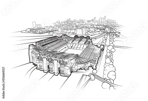 Vector line art of Manchester, England featuring Old Trafford  football stadium in the foreground.