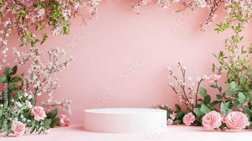 A minimalistic white platform is framed by vibrant pink roses, flourishing branches, and tender blossoms, creating a serene and romantic floral display in a blush pink setting.