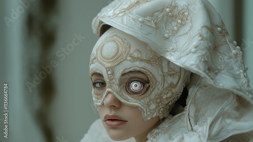 Mystical Figure with Ornate White Mask and Spiraling Eye Design in Fantasy Setting