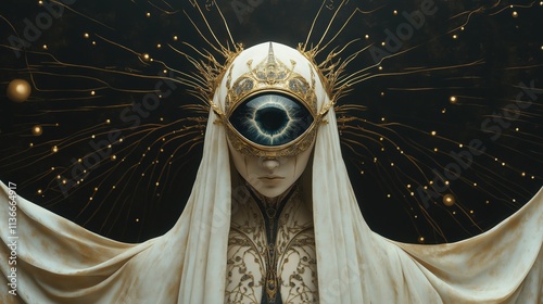 Surreal alien Figure with Giant Eye and Ornate Gold Accents in Dark Atmosphere