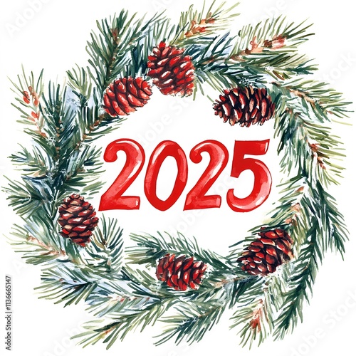 Winter wreath of spruce branches and cones, Christmas, New Year, 2025