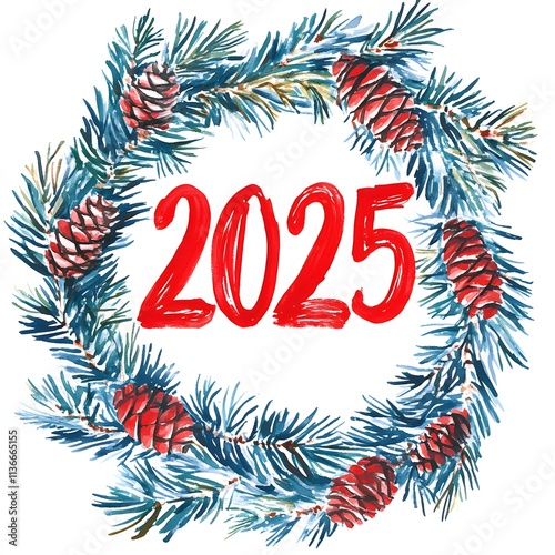 Winter wreath of spruce branches and cones, Christmas, New Year, 2025