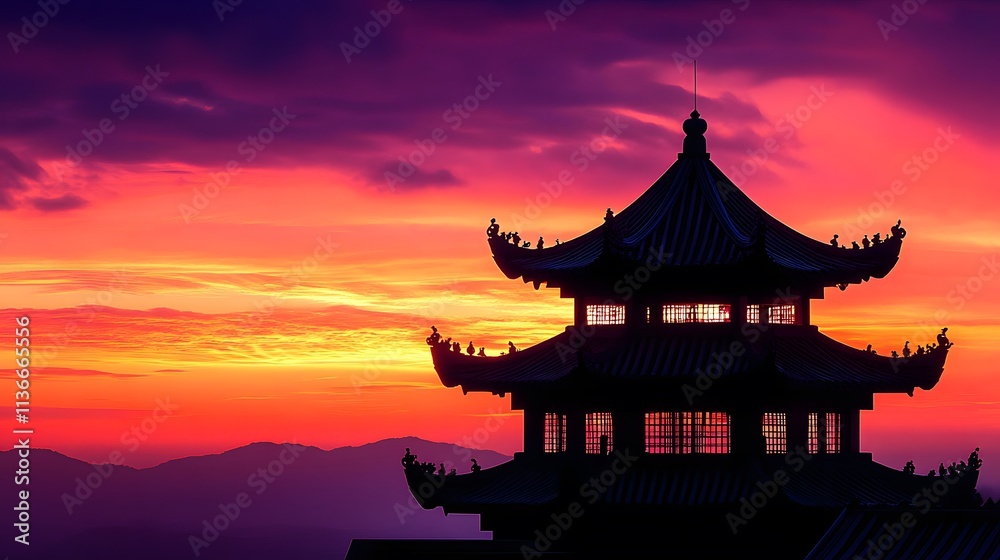 Silhouette of a Chinese Pagoda at Sunset Over Mountains Silhouette of a Chinese Pagoda at Sunset Over Mountains