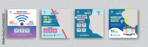 Set of editable social media post for Internet service and broadband wifi connection service ads, banner template, promotional advertising Internet provider and Internet offer price design 