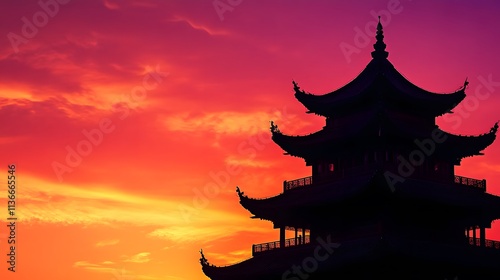 Silhouetted Pagoda at Sunset Vibrant Sky
