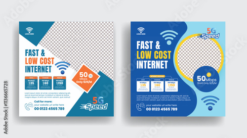 Broadband internet and telecommunications service square poster or flyer set or social media posts, ads, banner template