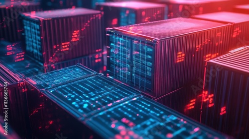 Futuristic shipping containers illuminated with vibrant red and blue lights.