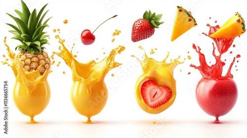 Pineapple, strawberry, apple, cherry, mango juice. Fresh fruits and splashes, 3d vector icon set photo