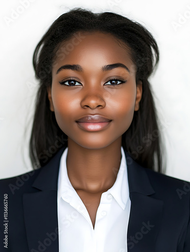 Female portrait ID card photo on white background