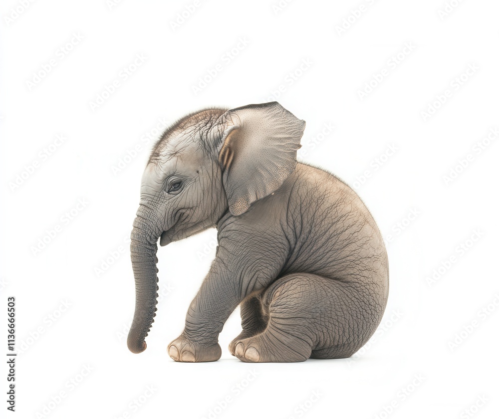Obraz premium A young baby elephant sits down, depicted in isolation against a white background