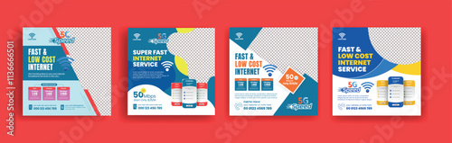 Set of editable social media post for Internet service and broadband wifi connection service ads, banner template, promotional advertising Internet provider and Internet offer price design 