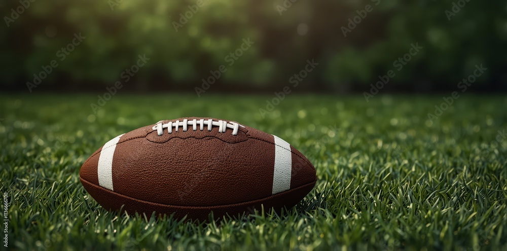 Obraz premium American football ball with green grass texture background