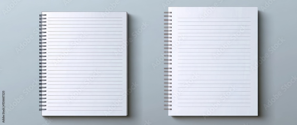Two blank spiral notebooks on a flat surface, one lined and one unlined, showcasing a minimalist design. Two blank spiral notebooks on a flat surface, one lined and one unlined, showcasing a minimalist design.