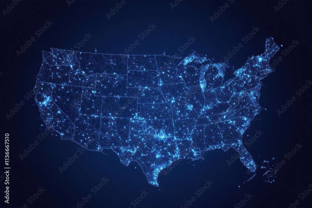 Obraz premium A digital map of the United States illuminated with blue lights, representing connectivity and data visualization.