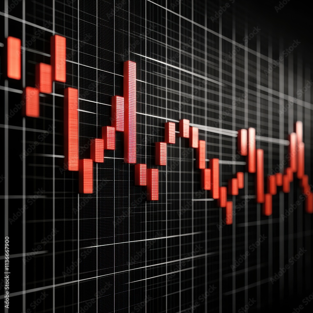 A dynamic stock market chart displaying fluctuating red candlestick patterns against a dark grid background. A dynamic stock market chart displaying fluctuating red candlestick patterns against a dark grid background.