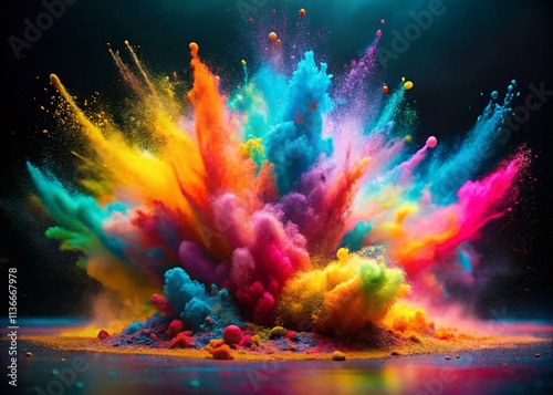 Vibrant Explosion of Colorful Powder Splashes Captured with Tilt-Shift Photography on a Clean Background for Creative Projects and Artistic Uses