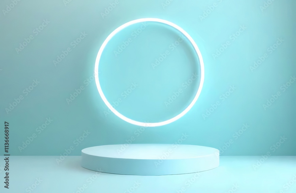 Minimalist blue studio with neon circle and round pedestal. Minimalist blue studio with neon circle and round pedestal.