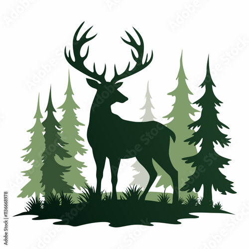 Silhouette of a deer with antlers standing in a forest with mountains in the background.