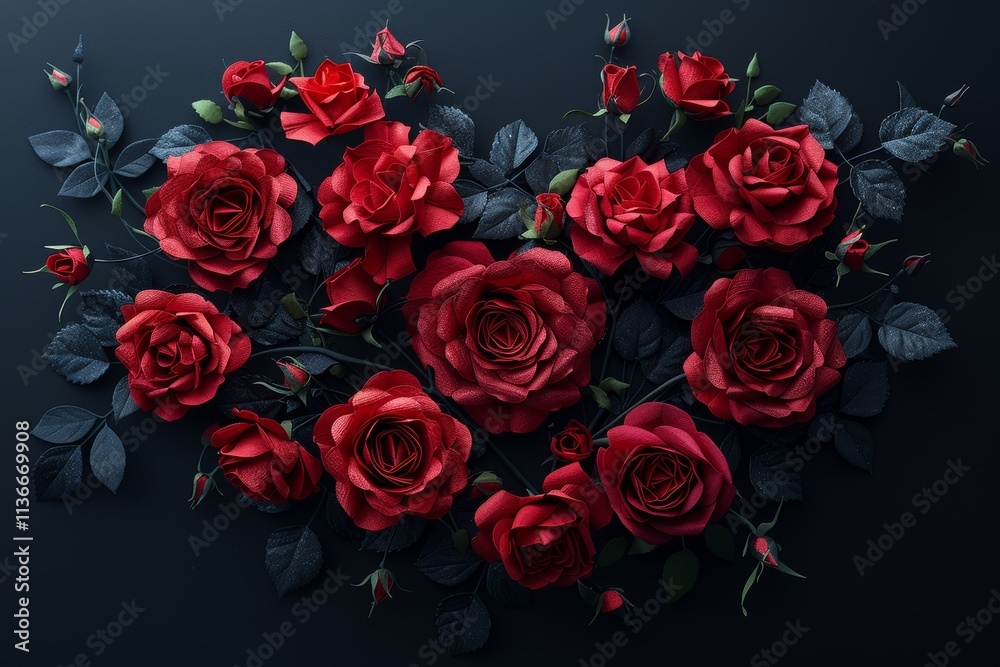 Red roses arranged in a heart shape with dark green leaves on a black background Red roses arranged in a heart shape with dark green leaves on a black background