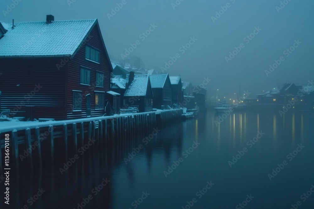A panorama of Bergen's historical buildings during Christmas, featuring old wooden Hanseatic houses A panorama of Bergen's historical buildings during Christmas, featuring old wooden Hanseatic houses