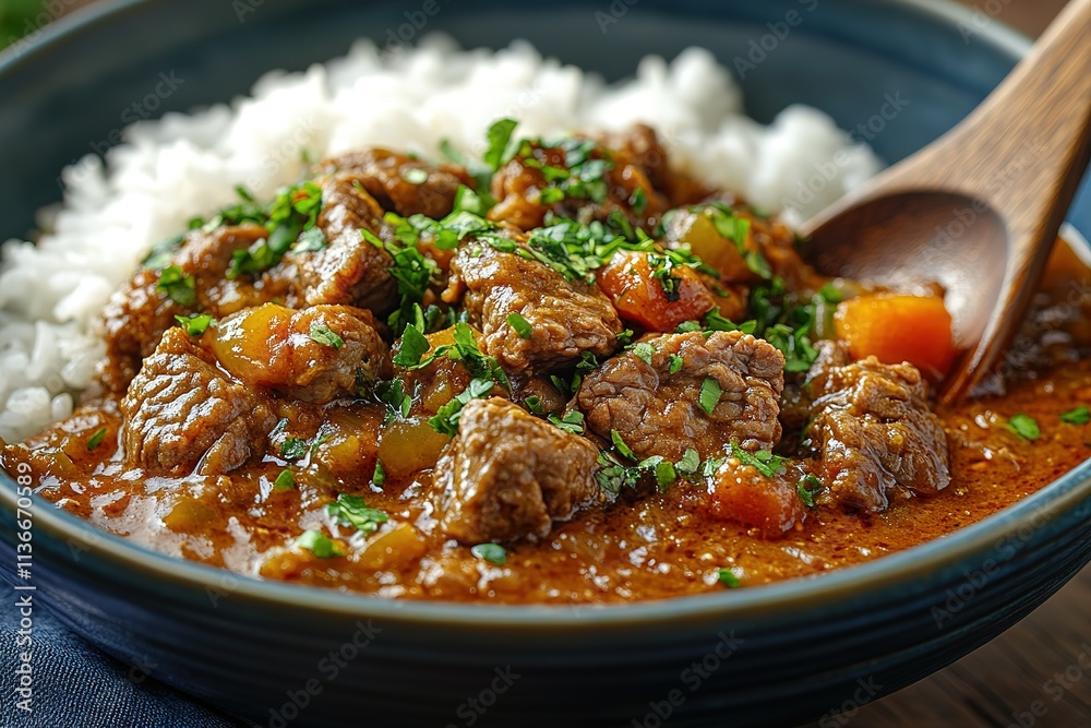 A bowl of beef stew with rice and carrots A bowl of beef stew with rice and carrots