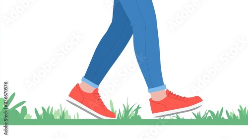 walking on the ground, wearing blue jeans and red shoes, with a flat illustration 