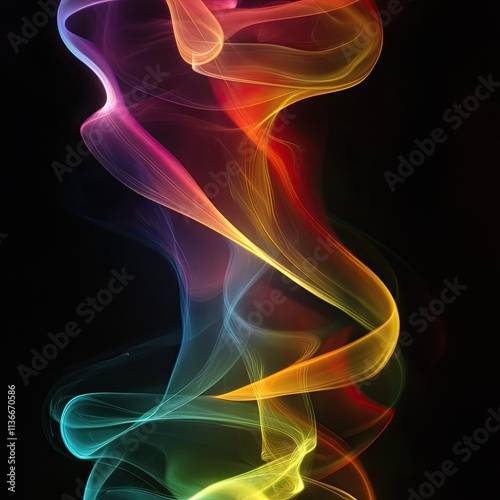 Abstract rainbow swirl of smoke on black background.