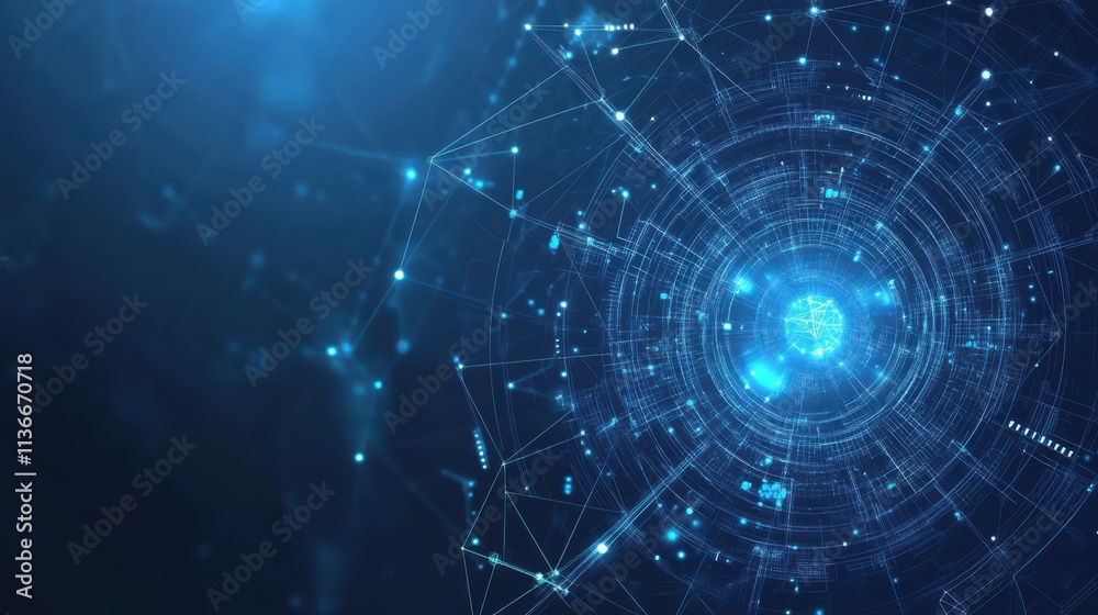 Fototapeta premium A vibrant, abstract blue digital background featuring interconnected nodes and glowing elements, evoking themes of technology and data networks.