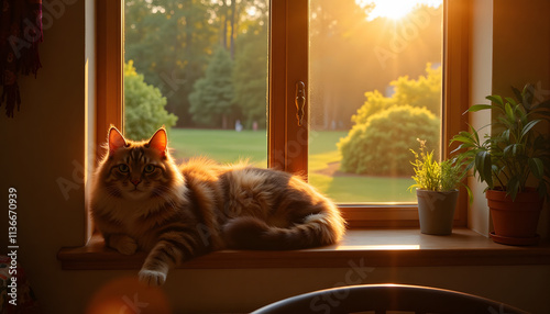 Norwegian Forest cat basking in warm sunlight on a window sill with a view of a green garden