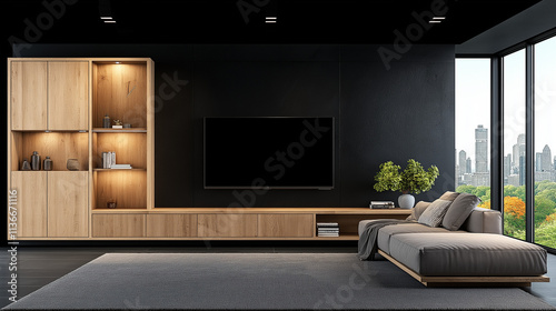 Modern Living Room: A sleek and stylish living room with a minimalist aesthetic, featuring a black wall with a large TV, a wooden entertainment center, and a comfortable brown sofa.