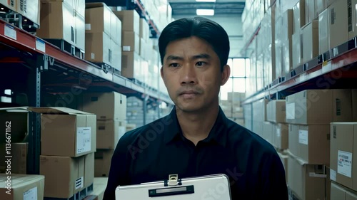 An employee walks through a modern large warehouse surrounded by racks and boxes photo