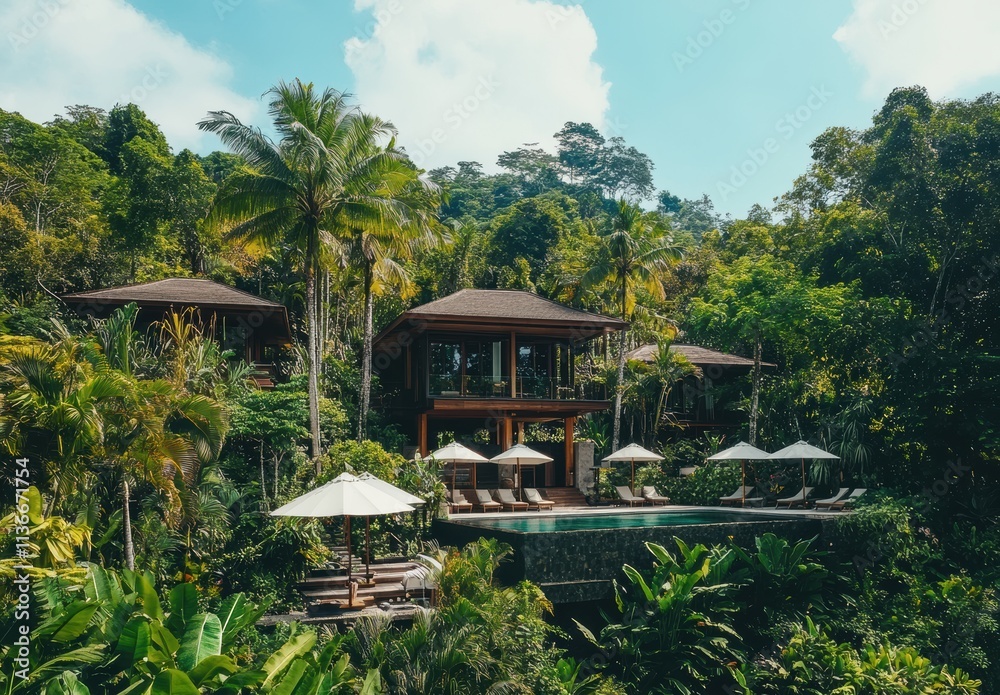 Indonesian luxury bungalow with a pool, surrounded by tropical plants and trees, under a blue sky, with white umbrellas Indonesian luxury bungalow with a pool, surrounded by tropical plants and trees, under a blue sky, with white umbrellas