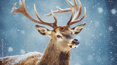 In a snowy forest during winter, a noble buck adds a touch of artistry to the Christmas landscape photo