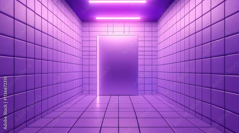 Purple tiled hallway with neon light and door. Purple tiled hallway with neon light and door.