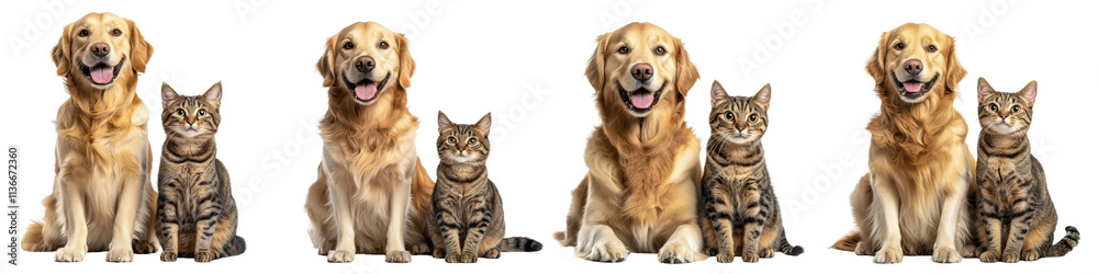 A Set of Playful Tabby Cat and Happy Golden Retriever on Transparent Background A Set of Playful Tabby Cat and Happy Golden Retriever on Transparent Background