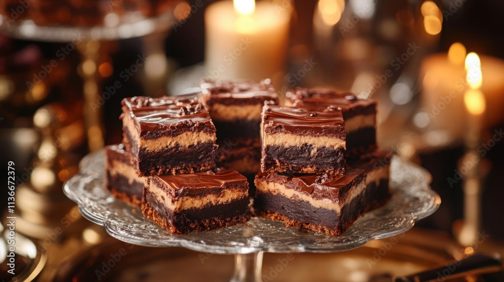Brownies, blondies, and layered bars, rich and gooey, presented in a decadent dessert spread with elegant plating Brownies, blondies, and layered bars, rich and gooey, presented in a decadent dessert spread with elegant plating