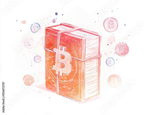 A colorful illustration of a Bitcoin bundle surrounded by digital coins. photo