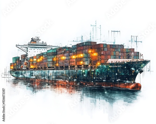 A detailed illustration of a large cargo ship loaded with containers at the dock. photo