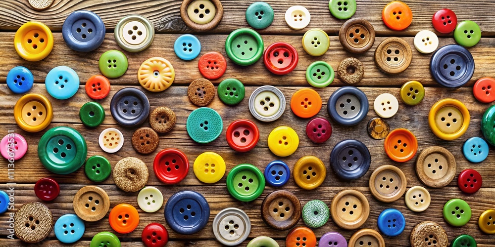 Vibrant Multicolored Buttons Arranged in Circles on Rustic Wooden Surface - Top View Flat Lay Photography for Craft and Design Inspiration Vibrant Multicolored Buttons Arranged in Circles on Rustic Wooden Surface - Top View Flat Lay Photography for Craft and Design Inspiration