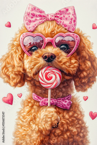 A dog wearing pink heart-shaped glasses holding a lollipop and surrounded by hearts. Valentine's day. for postcards. for advertising. for the background.