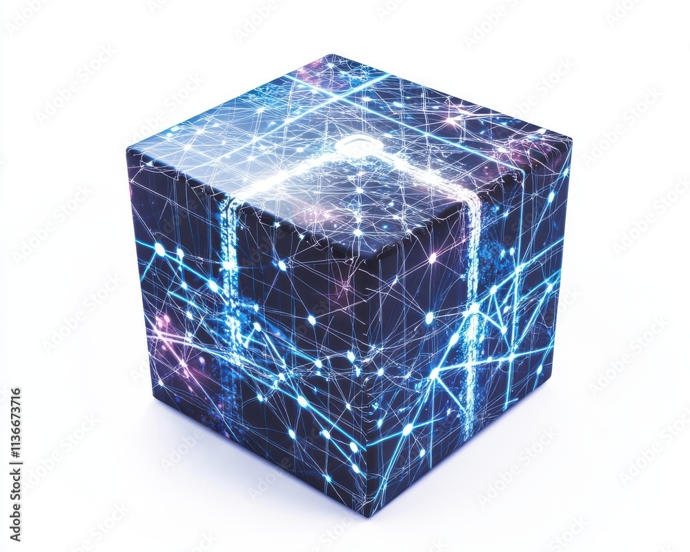 A digital cube with a network design representing connectivity and innovation. A digital cube with a network design representing connectivity and innovation.