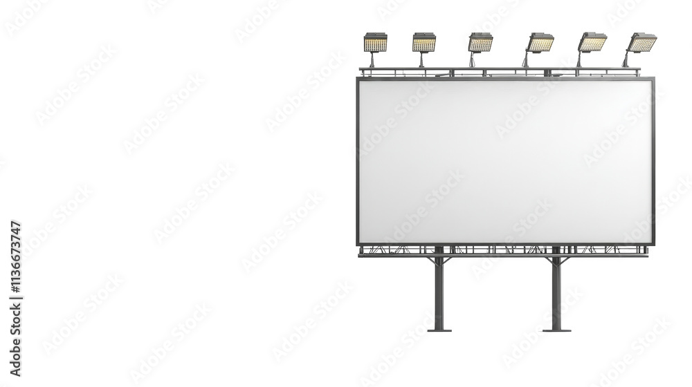 Fototapeta premium An empty billboard stands against a plain background, illuminated by overhead lights, offering a blank canvas for advertising or creative displays.