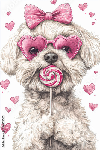 A dog wearing pink heart-shaped glasses holding a lollipop and surrounded by hearts. Valentine's day. for postcards. for advertising. for the background.