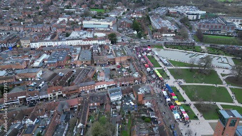 Stratford-Upon-Avon Christmas market 4k aerial video