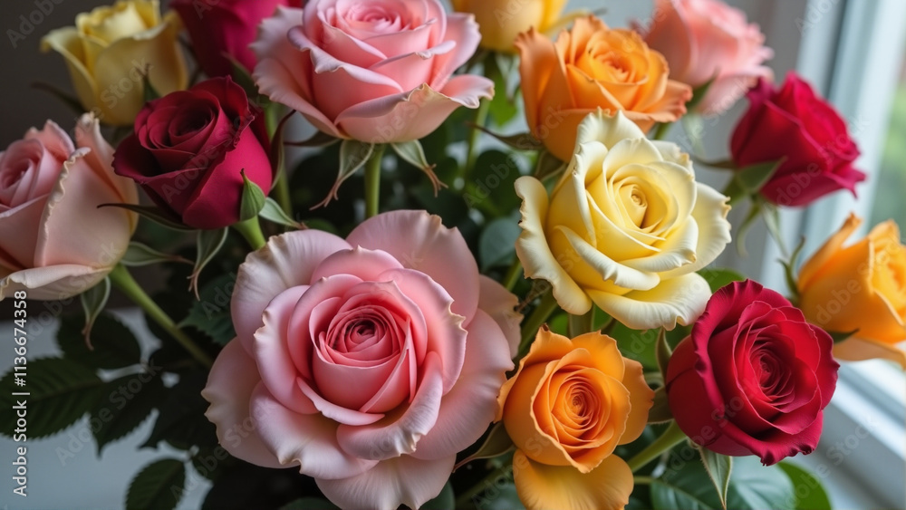 Colorful Bouquet of Roses in Soft, Warm Lighting, Natural Beauty Colorful Bouquet of Roses in Soft, Warm Lighting, Natural Beauty