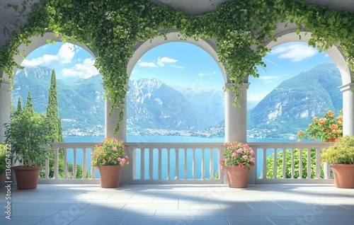 A stunning balcony that offers a view of Lake Como from the famous Villa del Balbianello, situated in Lenno, Lombardy, Italy photo