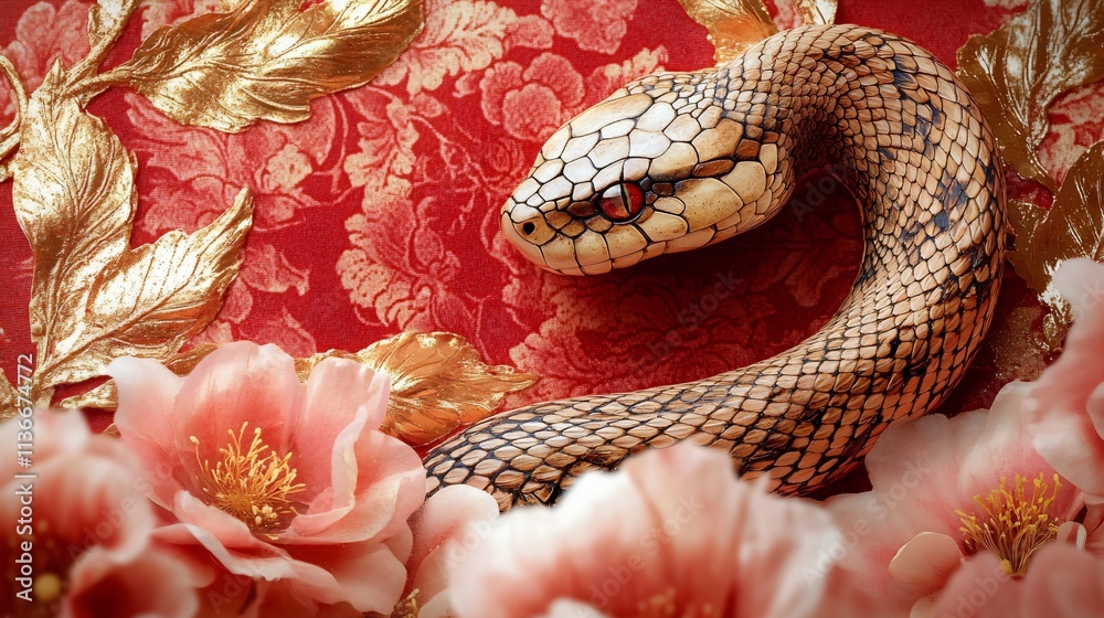 A decorative snake coiled against a textured red background, surrounded by soft pink flowers, perfect for events celebrating the Year of the Snake or elegance in design. A decorative snake coiled against a textured red background, surrounded by soft pink flowers, perfect for events celebrating the Year of the Snake or elegance in design.