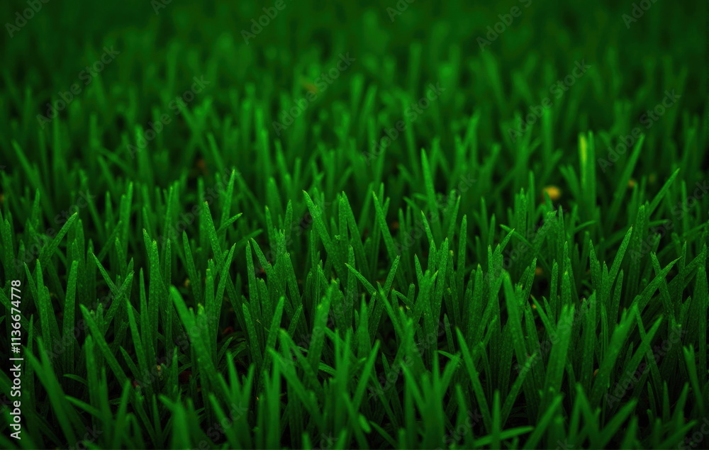 Fototapeta premium Close-up of dense green grass on a soccer stadium. Sports, freshness, and quality turf concept. Ideal for sports promotions, eco-projects, and design backgrounds