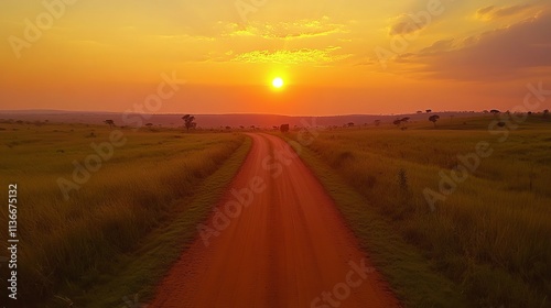 Very typical dirt road for safari in Murchison Falls national park in Uganda at sunset. Horizontal